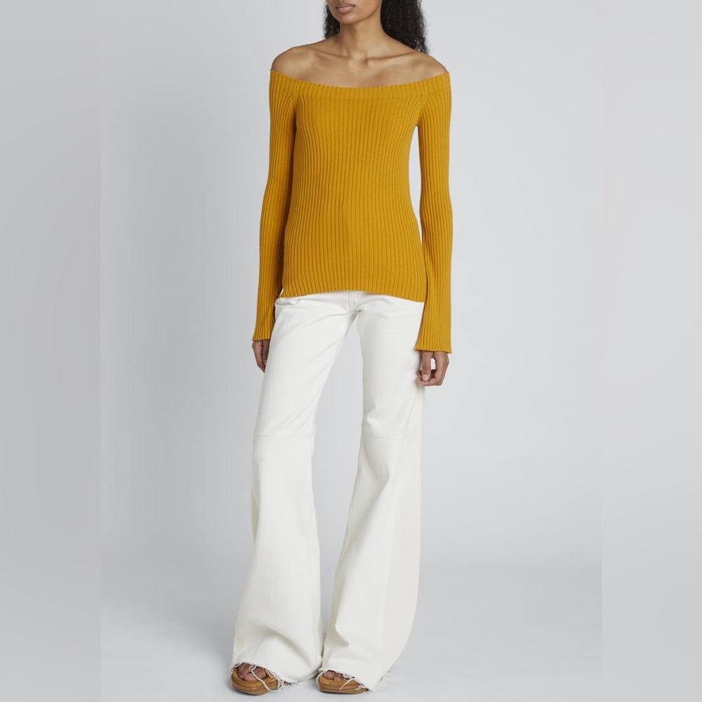 CHLOÉ Off-The-Shoulder Rib Wool Cashmere Sweater Sunlit Yellow M NWOT Bergdorf